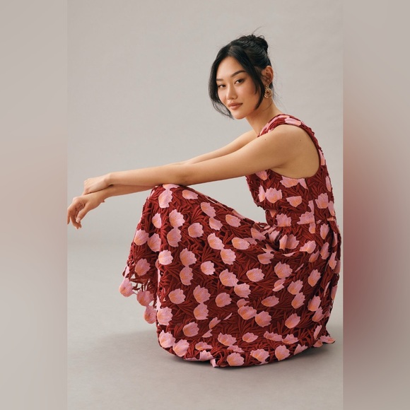 Rare! Anthro Maeve One-Shoulder Tea Dress Floral Embroidered Red Pink Size 6 New - Picture 5 of 5